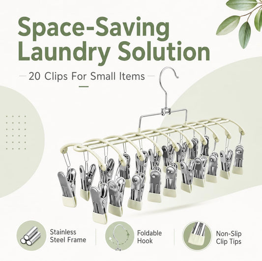 Sock Drying Rack with 20 Clips, Stainless Steel Laundry Hanger for Underwear, Space-Saving Clothes Airer with Foldable Hook, Non-Slip Clip Organizer Drying Station for Small Items