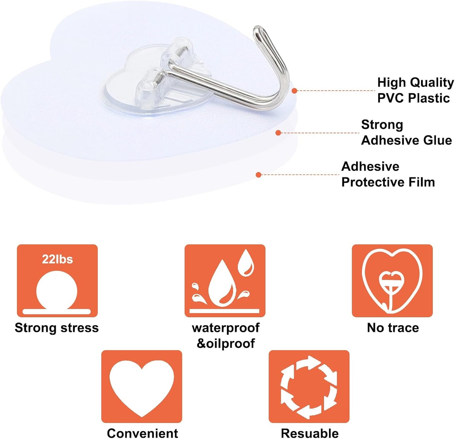 Adove Adhesive Hooks for Hanging, 24 Pack Heavy Duty Wall Hooks, Towel Coat Hooks Waterproof, Transparent Self Adhesive Sticky Hook for Kitchen Keys Glass Door,No Nail Utility Ceiling Hooks