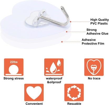 Adove Adhesive Hooks for Hanging, 24 Pack Heavy Duty Wall Hooks, Towel Coat Hooks Waterproof, Transparent Self Adhesive Sticky Hook for Kitchen Keys Glass Door,No Nail Utility Ceiling Hooks