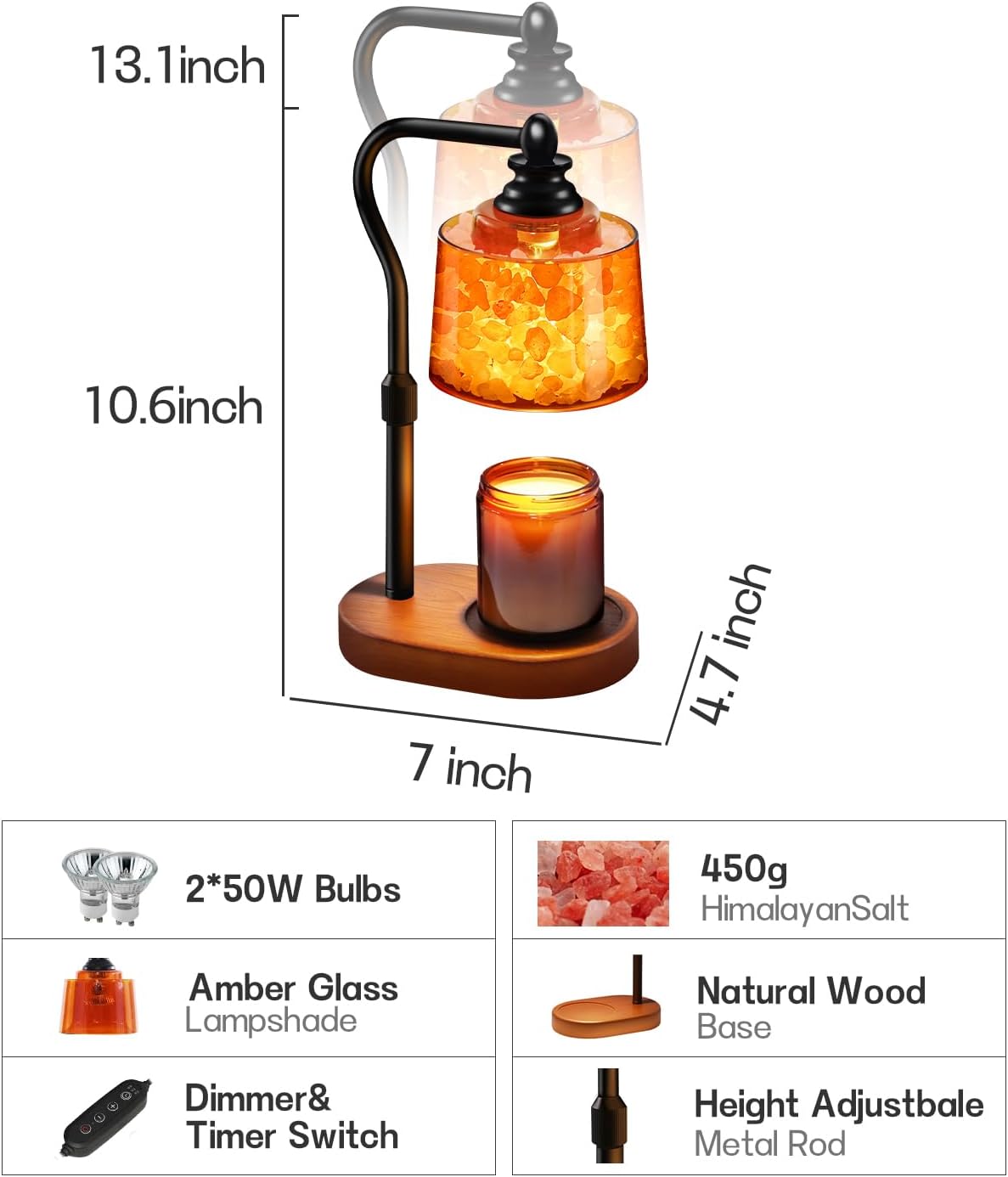 3-in-1 Candle Warmer Lamp with Timer Dimmable, Himalayan Salt Lamp & Passive Diffuser, Gifts for Women, House Warming Gifts, Wax Melt Warmer for Jar Candles (2 Bulbs)
