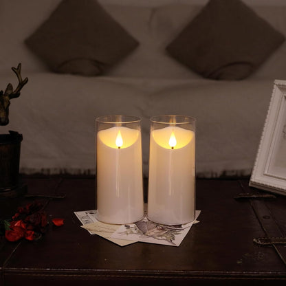 NURADA Flameless Candles with Remote Timer - Glass Real Wax 3D Wick LED Pillar Votive Candle Set Battery Operated Flickering Light for Home Christmas Decoration - White 3 Pack