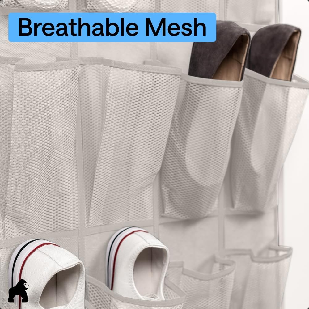 GORILLA GRIP Over the Door Shoe Organizer, 24 Large Breathable Mesh Pockets, Space Saving Hanging Storage Holder, Closet Rack Hanger Holds Up to 40 lbs, Hangs on Closets for Shoes, Accessories, Grey