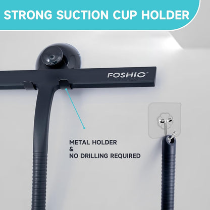 FOSHIO Shower Squeegee for Glass Doors with Suction Cup, Silicone Squeegee for Window Cleaning, Small Squeegee for Shower Glass Door, Window Squeegee with Stainless Steel Non-Slip Handle (Black)