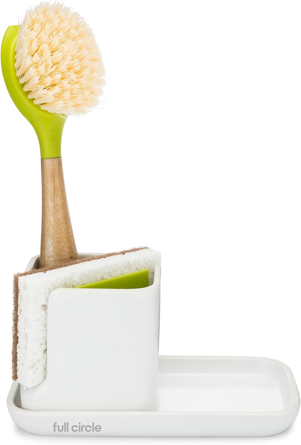 Full Circle Stash, Ceramic Kitchen Sink Caddy, Stylish Sponge Holder & Dish Brush Organizer, Easy to Clean, Dishwasher Safe, Rustproof, White and Gray, 11"