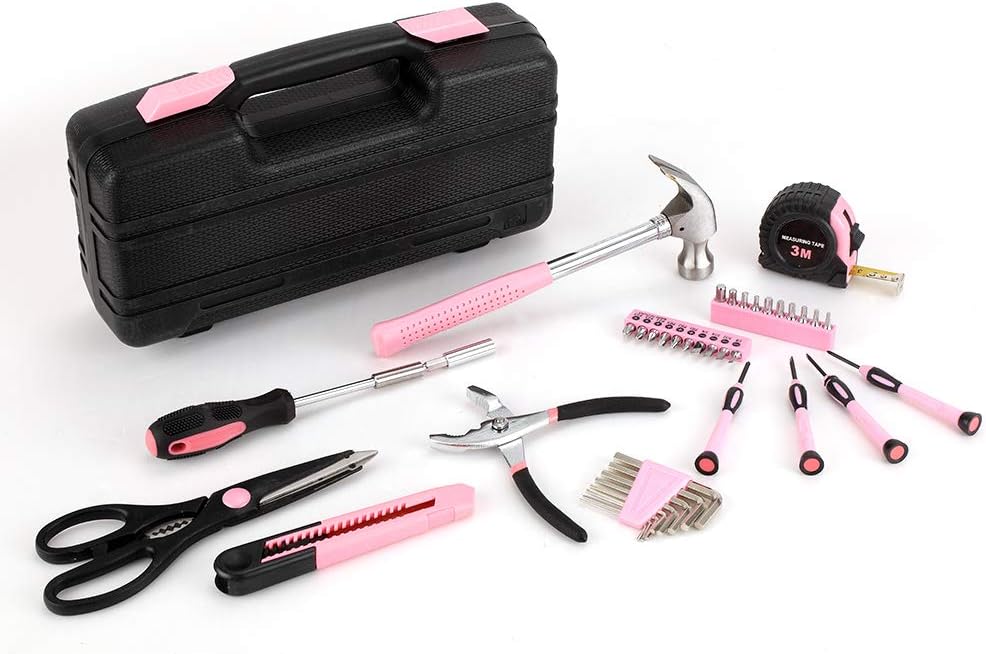 39-Piece General Tool Set-Essential Household Hand Tool Kit with Portable Toolbox Storage Case（Pink）