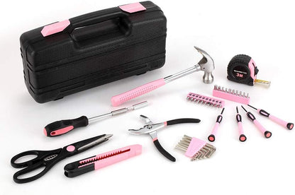 39-Piece General Tool Set-Essential Household Hand Tool Kit with Portable Toolbox Storage Case（Pink）