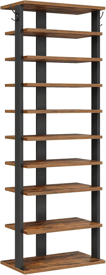 HOOBRO 8 Tiers Vertical Shoe Rack, Wooden Shoe Storage Organizer with Hooks, Narrow Shoe Tower for 8 Pairs, Space Saving, for Entryway, Living Room, Bedroom, Rustic Brown BF07XJ01G1