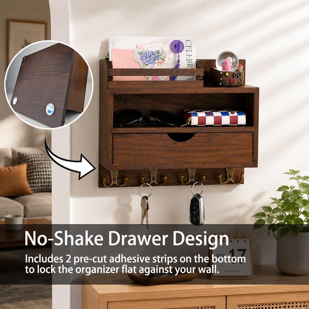 Key and Mail Holder for Wall, Wooden Key and Mail Organizer with Drawer and 8 Hooks for Dog Leash and Sunglasses, Decorative Paulownia Wood Key Rack for Bags, Coats, Umbrella