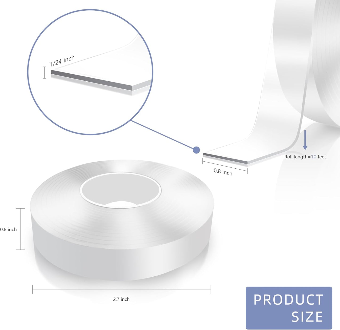 Double Sided Tape Heavy Duty, Clear Nano Tape, 0.8'' x 120'' Two Sided Mounting Adhesive for Walls Posters Carpet, Removable Space Gel Strip, 1/24" Thick