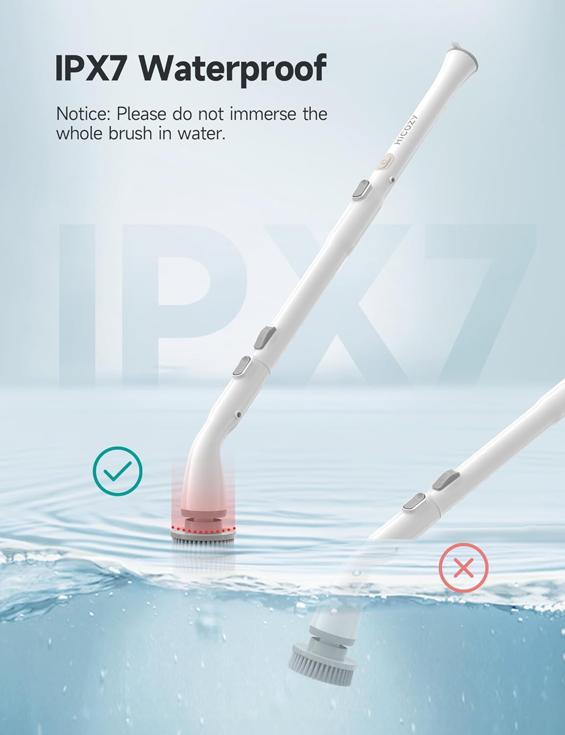 HiCOZY Electric Spin Scrubber HS1, Cordless Shower Scrubber for Cleaning with 4 Replaceable Brush Heads Adjustable Extension Handle, IPX7 Waterproof Cleaning Brush for Bathroom Floor White