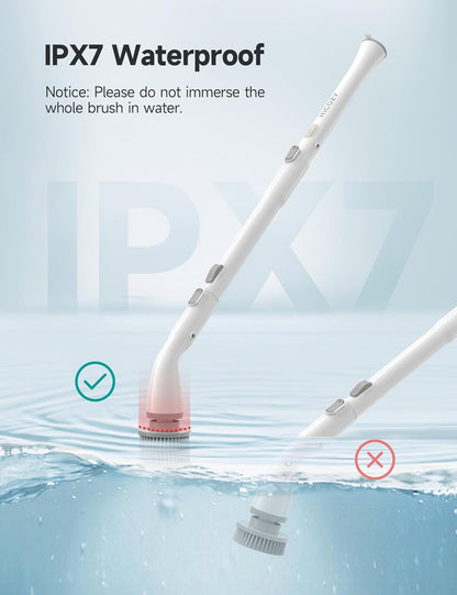 HiCOZY Electric Spin Scrubber HS1, Cordless Shower Scrubber for Cleaning with 4 Replaceable Brush Heads Adjustable Extension Handle, IPX7 Waterproof Cleaning Brush for Bathroom Floor White