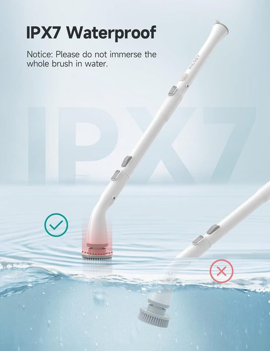 HiCOZY Electric Spin Scrubber HS1, Cordless Shower Scrubber for Cleaning with 4 Replaceable Brush Heads Adjustable Extension Handle, IPX7 Waterproof Cleaning Brush for Bathroom Floor White