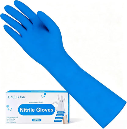 Long Sleeves Durable Disposable Nitrile White Gloves 15inches,Household Cleaning Dishwashing Waterproof 30PCS