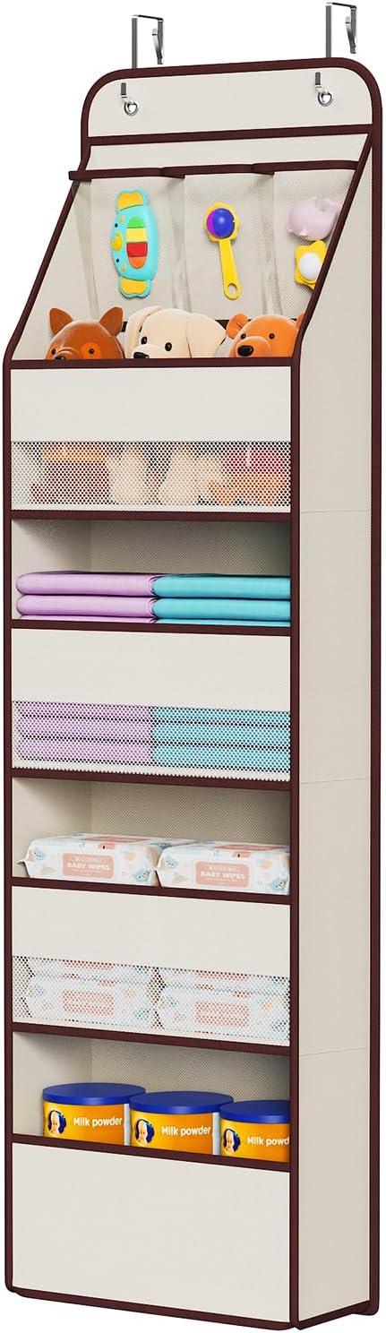 Univivi 6-Shelf Over Door Hanging Organizer Fabric Baby Door Storage with 5 Extra Large Capacity Pockets Behind the Door Hanging Storage Organizers Easy Install Door Storage for Baby Essential (Beige)