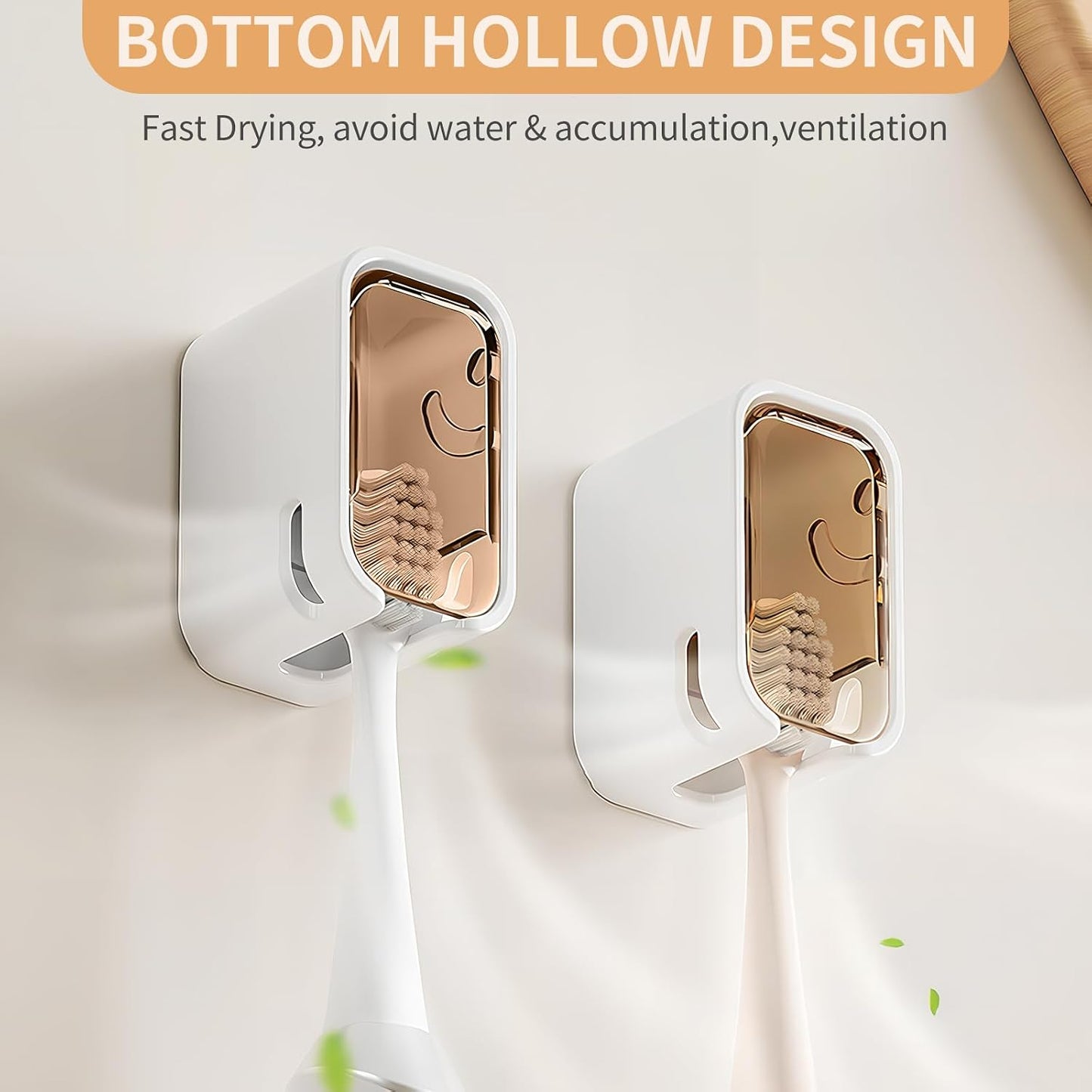 Wall Mounted Toothbrush Holders for Bathroom,Strong Self Adhesive Tooth Brush Holder with Cover, Toothbrush Heads Organizer for Family, 2 Pcs