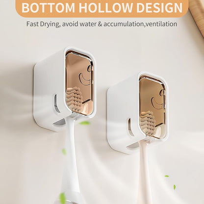 Wall Mounted Toothbrush Holders for Bathroom,Strong Self Adhesive Tooth Brush Holder with Cover, Toothbrush Heads Organizer for Family, 2 Pcs