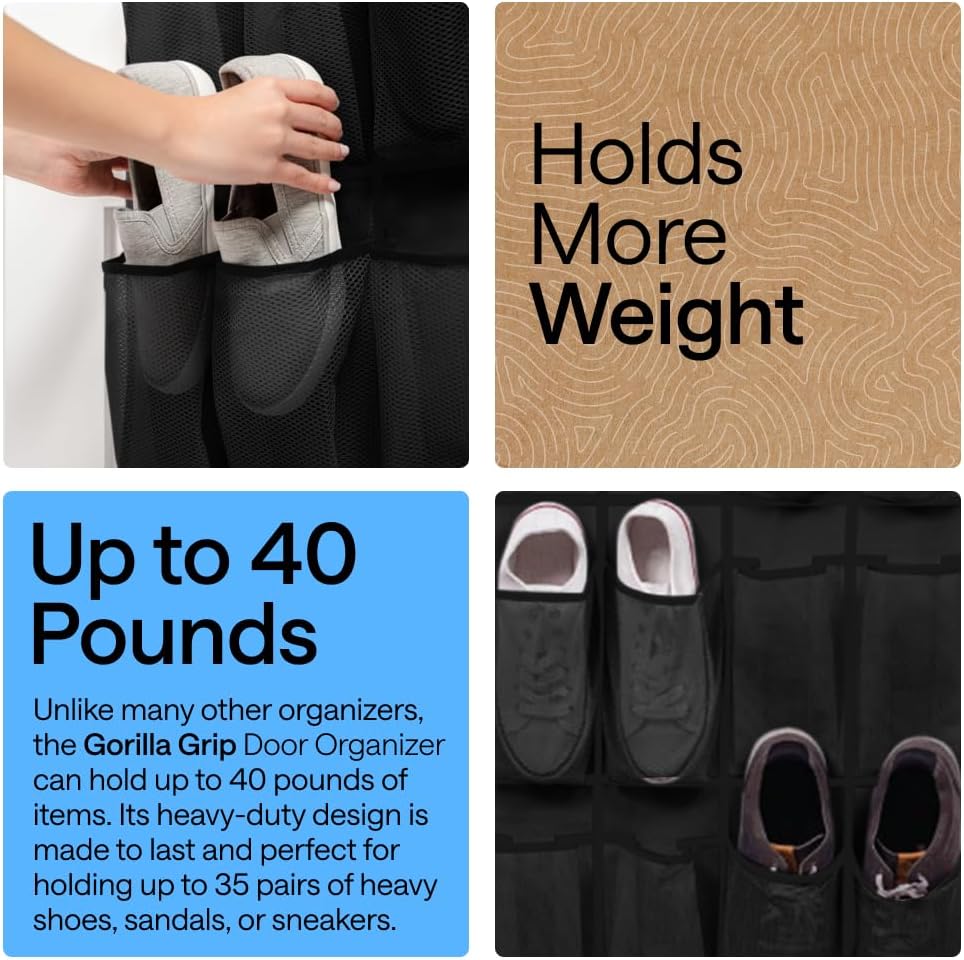 GORILLA GRIP Over the Door Shoe Organizer, 24 Large Breathable Mesh Pockets, Space Saving Hanging Storage Holder, Closet Rack Hanger Holds Up to 40 lbs, Hangs on Closets for Shoes, Accessories, Grey