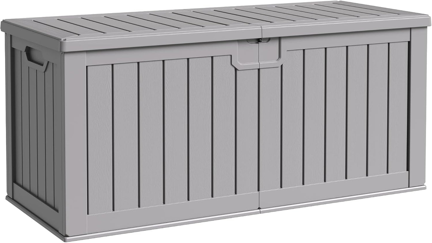 Flamaker Resin Deck Box 120 Gallon Waterproof Large Outdoor Indoor Storage Box Imitation Wood Resin for Patio Furniture Garden Tools and Pool (Black)