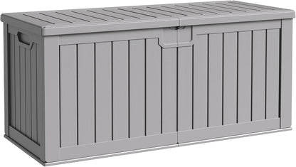 Flamaker Resin Deck Box 120 Gallon Waterproof Large Outdoor Indoor Storage Box Imitation Wood Resin for Patio Furniture Garden Tools and Pool (Black)