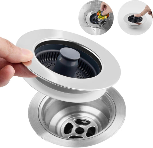 Hibbent 3 in 1 Kitchen Sink Drain Strainer, Stainless Steel Wrapped Shell Drain Stopper Combo, Pop Up Sink Stopper, 3 Anti-Clogging Basket Strainer with Foldable Handle for US Standard 3-1/2" Drain