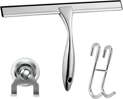 12'' Light Weight Stainless Steel Shower Squeegee for Glass Doors with 4 Pieces Set (1 Window Squeegee, 1 Door Hook and 2 Adhesive Hooks) Perfect Cleaning Tool for Car, Window, Bathroom Mirror