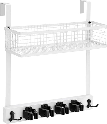 Lorbro Over the Door Broom Holder with Cleaning Supply Organizer, Wooden Mop and Broom Holder Wall Mount, 4 Grips, 4 Hooks, No-Drill Storage Rack, Mop Hanger for Laundry Room, Garage, Storage