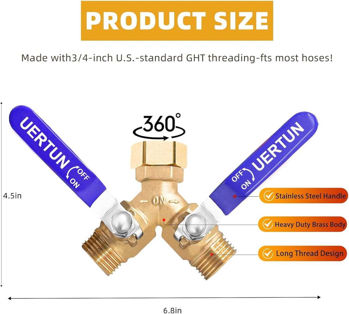 2 Way Garden Hose Splitter Heavy Duty Brass, Y Hose Splitter with Extra Long Handles for Easy Shut Off, Metal Water Spigot Adapter Fits Standard 3/4" GHT Faucet