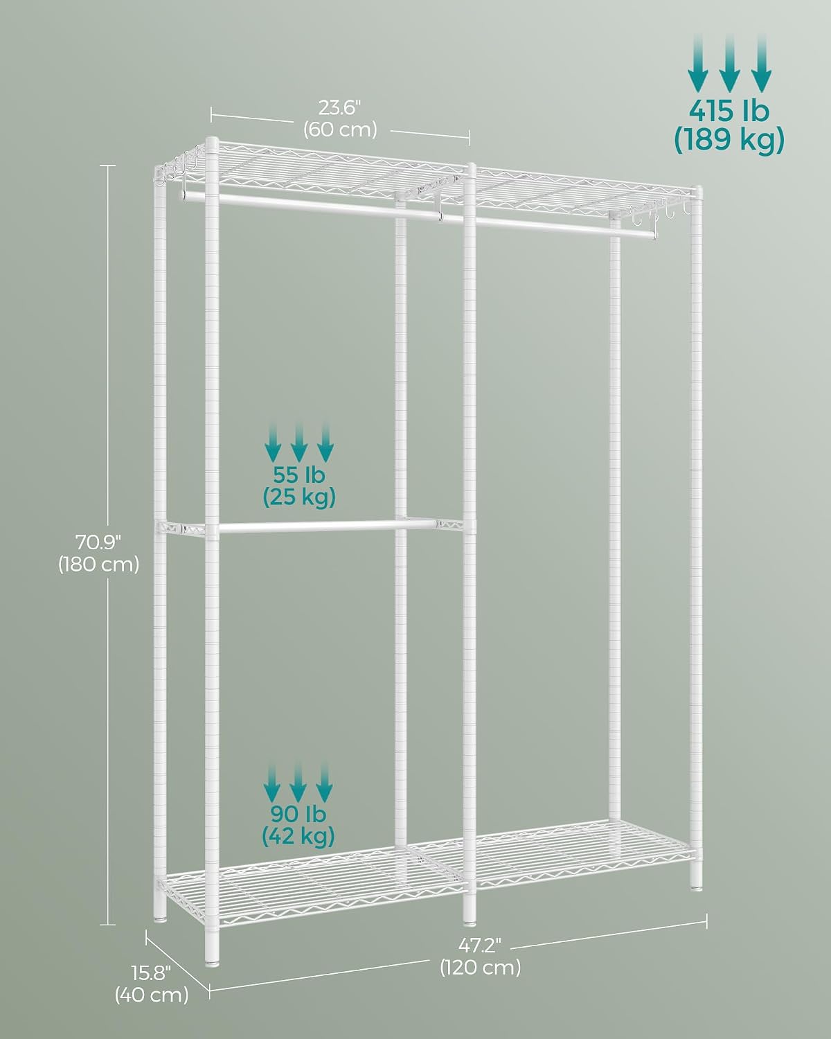 SONGMICS Heavy-Duty Clothes Rack, Garment Rack, Portable Closet, 68.7-Inch Wide Clothing Rack with Adjustable Mesh Shelves and Hanging Rails, Ink Black ULGR433B01
