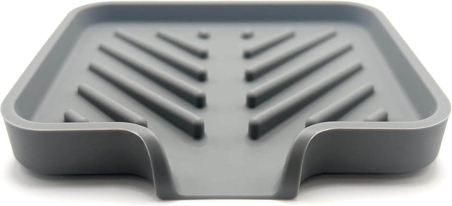 Silicone Soap Dish Tray and Sponge Holder with Drain Chute and Feet | 3-Way Sloped Design | Bathroom and Kitchen Sink Organizer Caddy (Black, 10"x4", 7.8 Ounces)