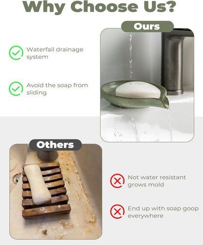 Self Draining Soap Dish, Ceramic Drain Soap Holder Waterfall Design Soap Saver for Shower, Bathroom, Sink, Kitchen and Countertop, Keeps Dry, Green