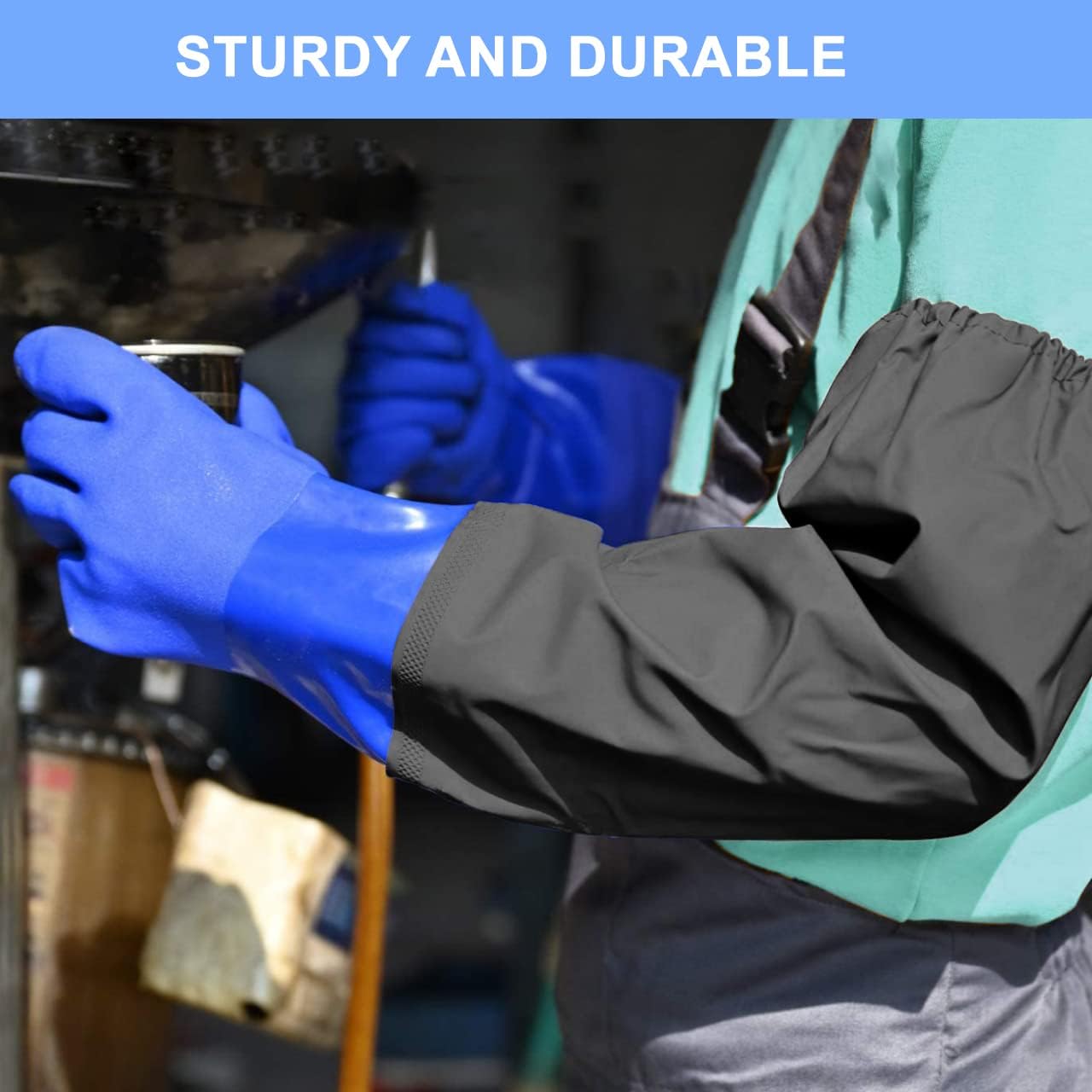 Haiou PVC Chemical Resistant, Long Rubber, Heavy Duty Waterproof Gloves for Chemical and Acid Work, 25 inches, Large-(Blue)