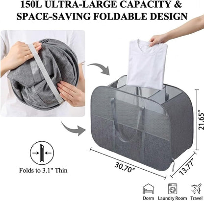 150L Collapsible Laundry Basket, 3-Compartment Foldable Hamper with Handles, Durable & Lightweight Clothes Organizer for Laundry Room, Dorm, Travel - Grey