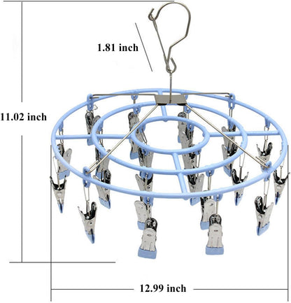 Stainless Steel Clothes Sock Drying Rack with 24 Clips, Swivel Hook Windproof Clothes Hanger Rack for Sock, Bras, Towel, Underwear, Laundry Clothes, Hat, Scarf, Pants, Gloves (Pink Clips)