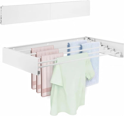 Wall Mounted Laundry Drying Rack, Carbon Steel Foldable & Retractable Clothes Drying Rack, Space Saving Adjustable Towel Holder for Bathroom, Laundry, Small Spaces (1, White, 31.5")