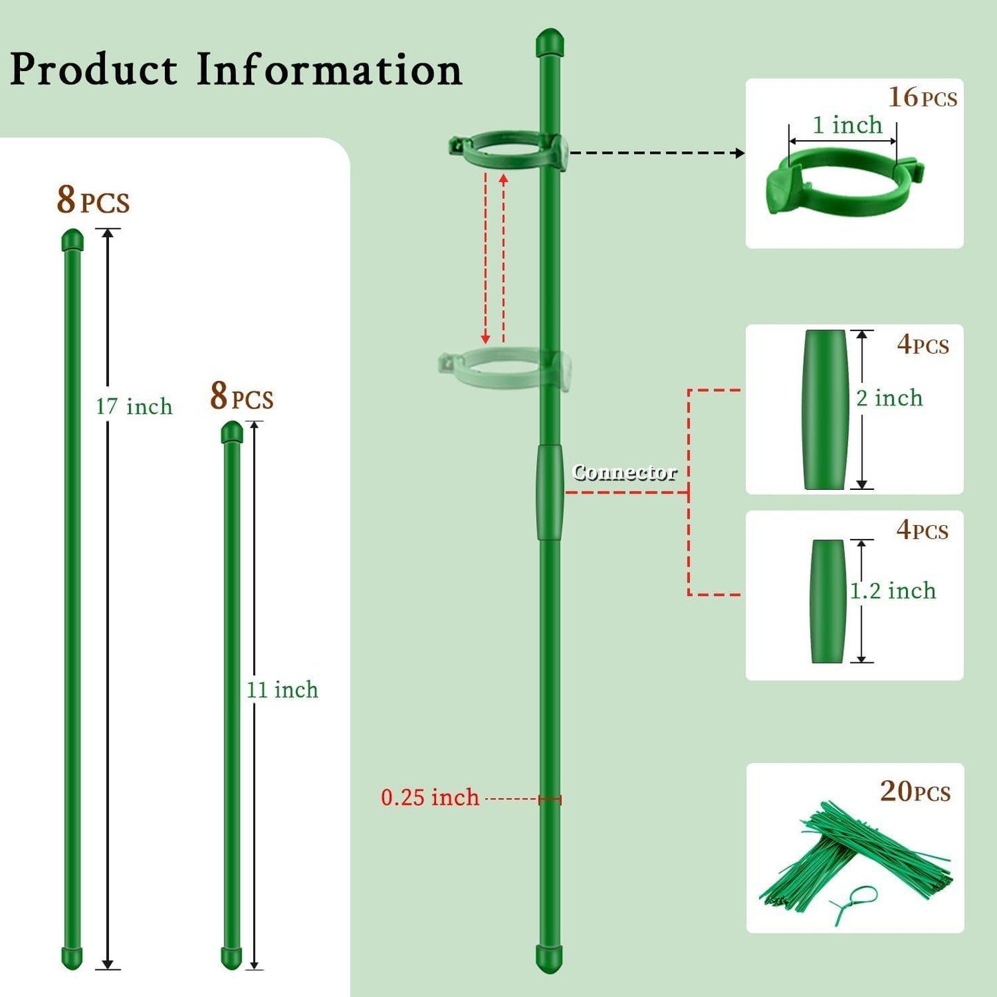Plant Stakes 17inch &11inch SupKing Adjustable Length Plant Support Stake 16Pcs Orchid Stick with Clips for Indoor Outdoor,Garden Pole for Potted Tomato Amaryllis Vegetables Comes with 20 Ties (Green)