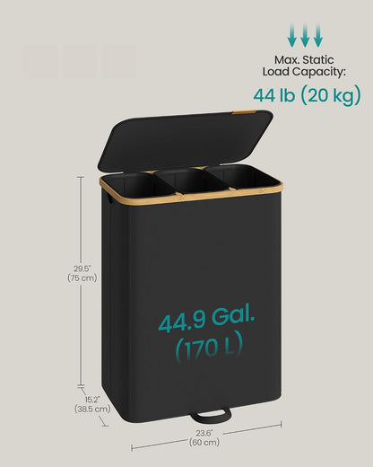 SONGMICS Laundry Hamper, Laundry Sorter with Lid, Storage Basket Bin, Removable Liners, Bamboo Frame, for Bedroom, 3 Sections, 44.9 Gal. (170 L), Ink Black ULCB533BH01