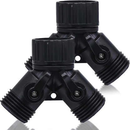 2 Way Y Splitter for 3/4" Garden Hose, Black, 2 Pcs | Plastic Hose Connectors, Faucet Watering Shut Off Valves, For Irrigation