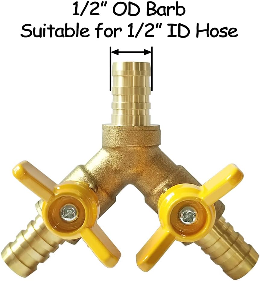 Uenede Brass 1/4 Inch 3-way Y-shaped Shut-off Ball Valve with 2-switch 1/4" Hose Barb Include 3 Stainless Steel Clamps Hose Pipe Barb Fitting for Water/Oil/Gas