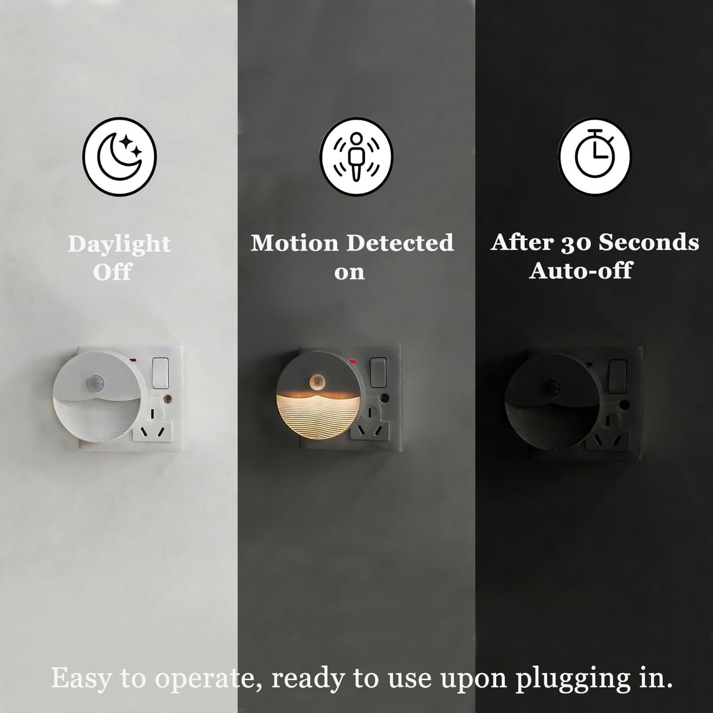 Consss Plug-in Motion Sensor Night Light, Dusk to Dawn Light Sensor, Soft Warm White LED Backlit Glow, Auto On/Off for Bathroom Bedroom Hallway Stairs Nursery, 4 Pack