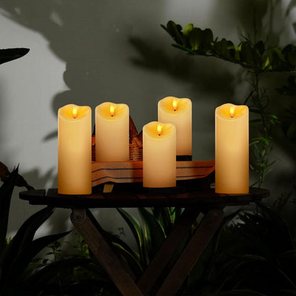 Amagic IP65 Waterproof Outdoor Flameless Candles with Remote, LED Candles Battery Operated with Timer, Flickering Fake Pillar Candle for Outside Patio Yard Decor, Ivory, Set of 5, D3 X H4 5" 6" 8" 8"