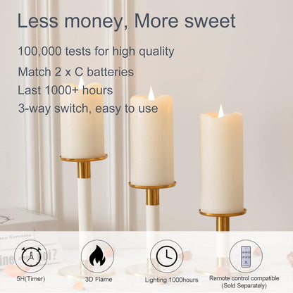 TECHLONG Flameless Candles with Remote Timer, 3D Moving Flickering Flame Battery Operated Candles Lasting 1000+ Hours, 3" x 5" Ivory Real Wax Electric LED Pillar Candles, Set of 2