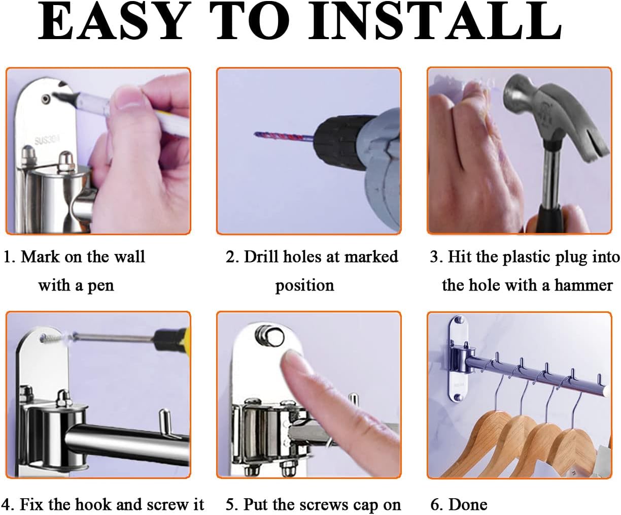 Clothes Hanger Laundry Room Hanging Rod Wall Mount Valet Hooks for Closets