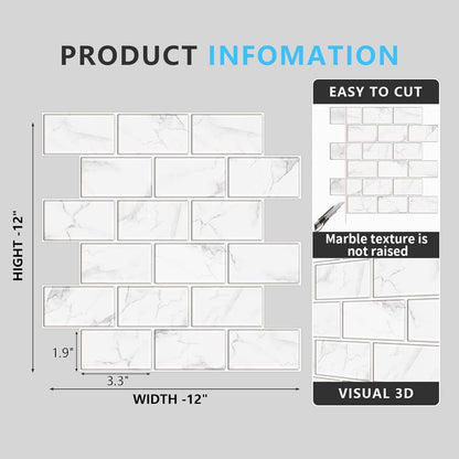 URCOLOR 10-Sheet Subway Tile Peel and Stick Backsplash for Kitchen,12"x12" Self Adhesive Wall Tiles Sticker on Back Splashes for Bathroom Gray Marble Design
