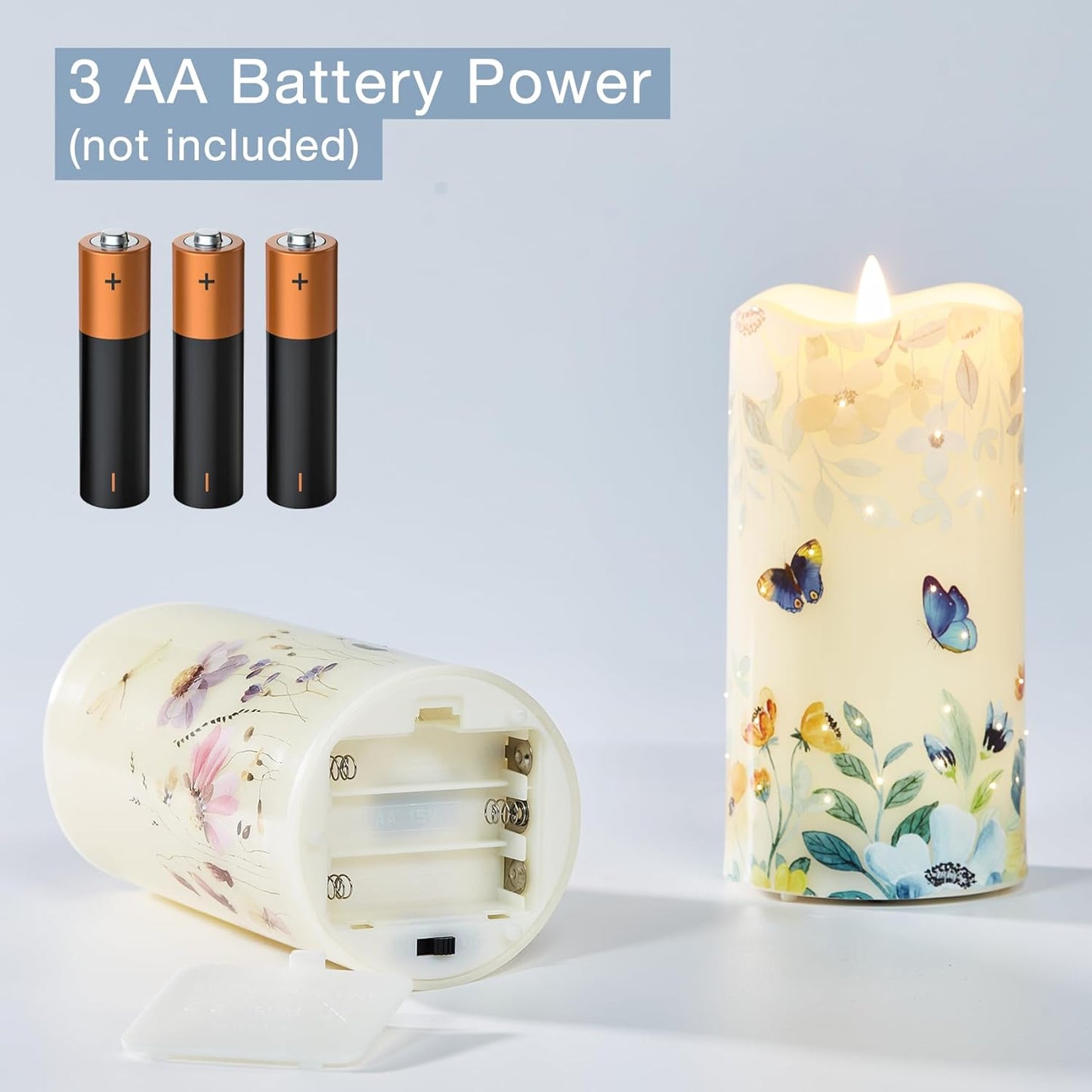 Eywamage Fiber Optic Flameless Pillar Candles with Remote, Floral Butterfly Spring LED Candles Flickering Home Decor Gift Set of 3