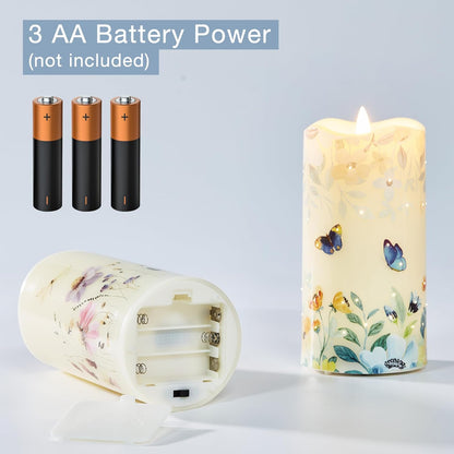 Eywamage Fiber Optic Flameless Pillar Candles with Remote, Floral Butterfly Spring LED Candles Flickering Home Decor Gift Set of 3