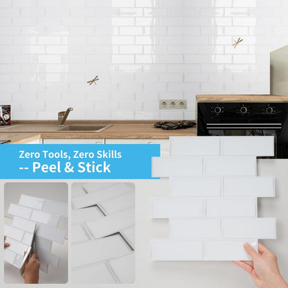 Art3d 10-Pack Heavy-Duty Peel and Stick Backsplash, 12 x 12 Inch Vinyl Seaglass Subway Design Stick on Wall Tile for Kitchen Living Room Home Decor, White