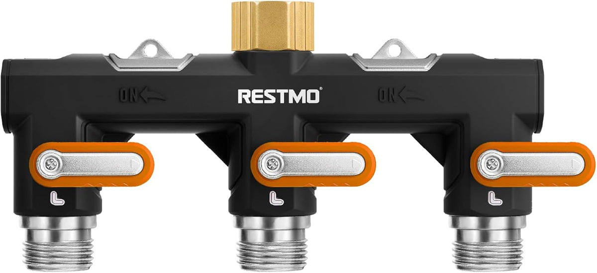 Restmo 3 Way Garden Hose Splitter Heavy Duty 100% Metal Body, Full Flow Design with Oversized Ball Valve, Outdoor Faucet Spigot Adapter with Extended Levers, 3/4" GHT Thread - Green