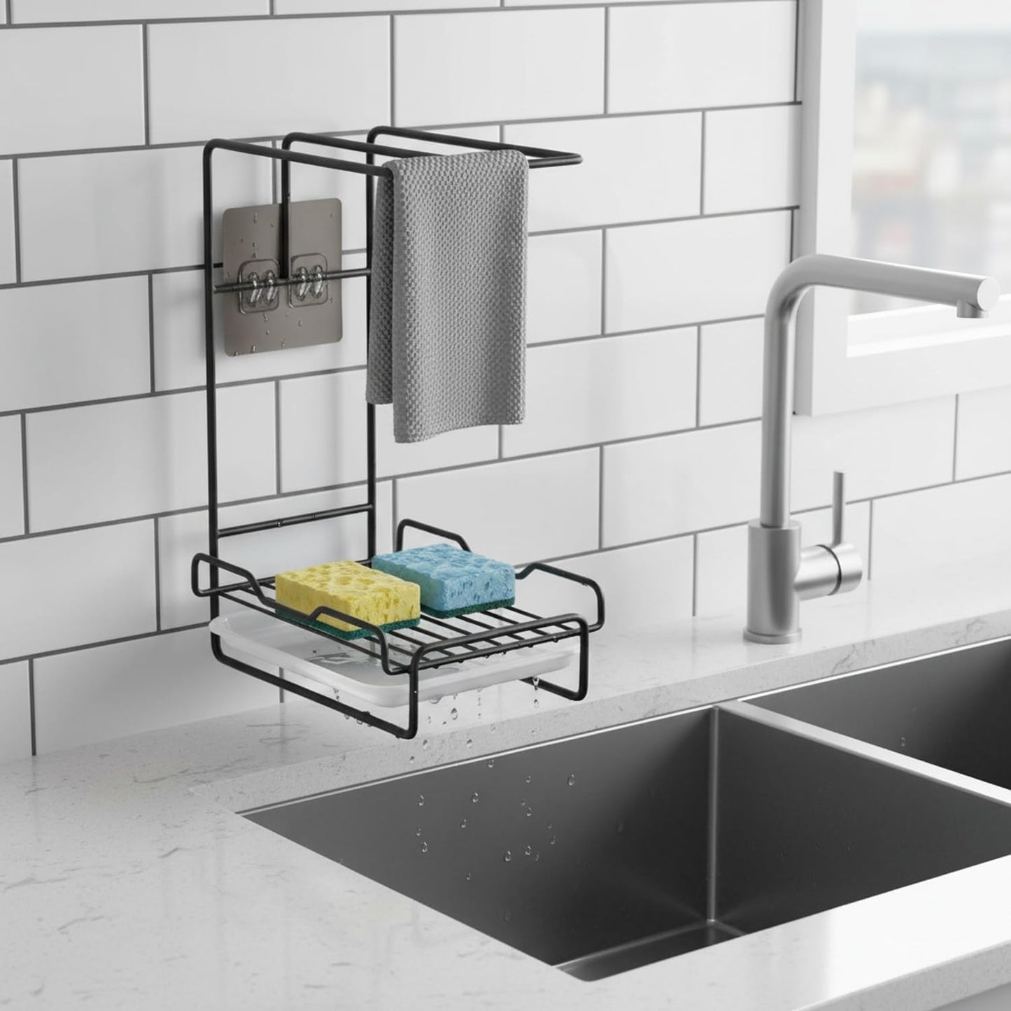 Wall-Mounted Carbon Steel Sink Caddy for Dish Cloths & Sponges - Space Saving Kitchen Organizer