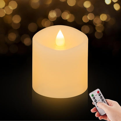 3x3 Flickering Flameless Candles Set of 2, 2AA Battery Life 600 Hours Battery Candles Flickering with Timer,3 inch Flameless Candles with Remote for Indoor/Outdoor, Ivory