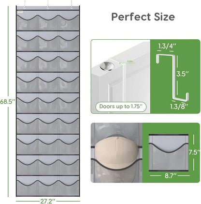 Baseball Hat Rack, 24 Pocket Over-The-Door Hat Organizer with Clear Deep Pockets to Display Baseball Caps Collection, Complete with 3 Over Door Hooks (Black, 24 Pockets)